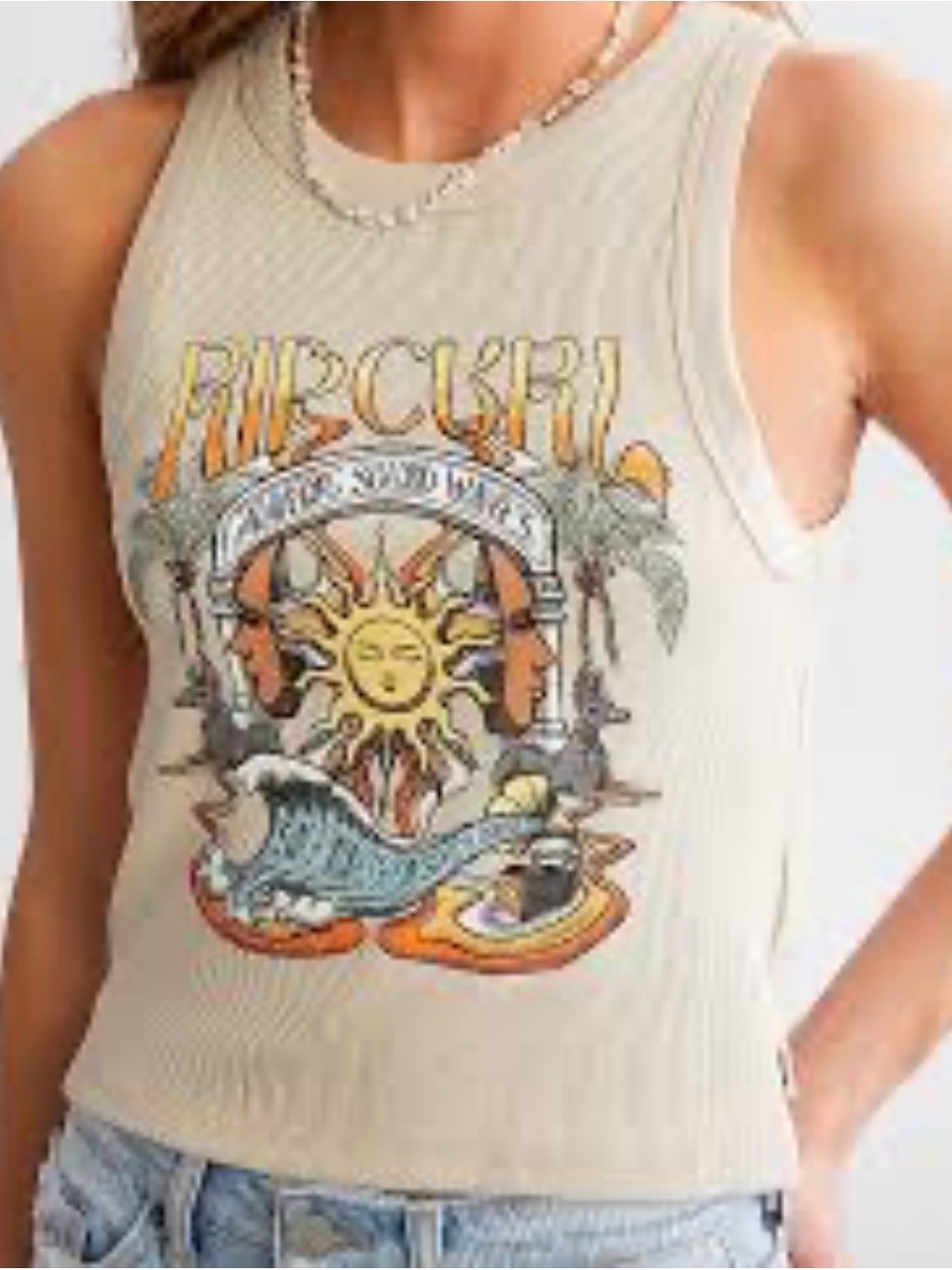 Rip Curl Cream Graphic Ribbed Tank with Sun & Surf Print